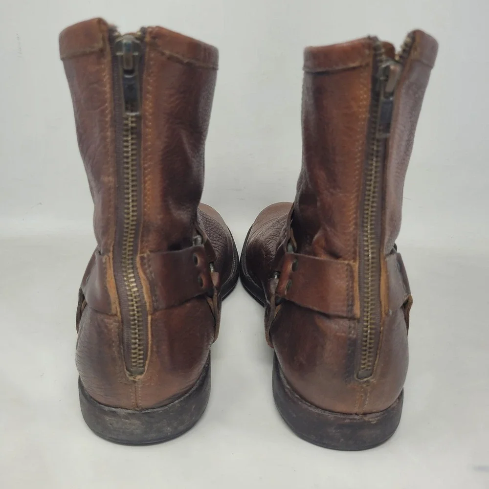 Frye Boots 12D Brown Leather Phillip Harness Short Moto Engineer Distressed Zip